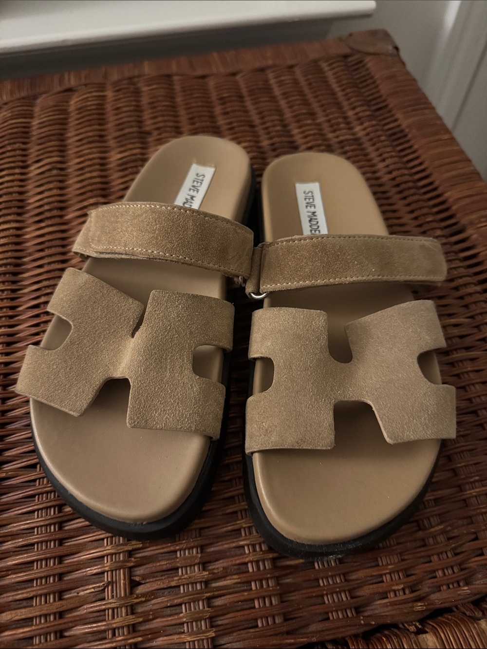 Steve Madden Women’s Tan Suede Double-Strap Slide Sandals